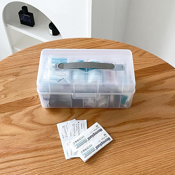 Large Bandage Organizer with Lid, Plastic 2 Tiers Container for Home Medicine Cabinet, Office, School Use, Bandages Storage Holder for Fabric Adhesive Strip, Medical Elastic Wrap
