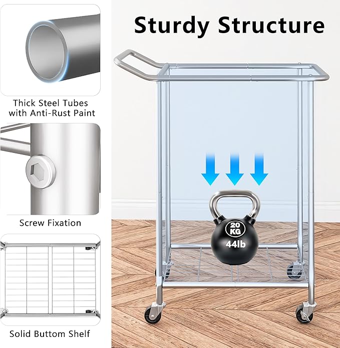 150L Laundry Hamper with Wheels, Rolling Laundry Basket 2 section with Metal Frame and Removable Bag, Dirty Clothes Hampers for Bedroom, Bathroom, Dorm, Black, Silver Beige