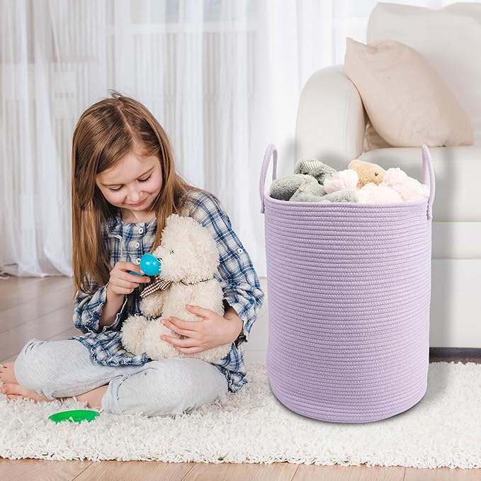 Woven Cotton Rope Laundry basket-15”X20” Laundry Hamper-Rope Storage Basket for Dirty Clothes, Toys and Blankets Perfect for Bathroom, Baby nursery and Living Room Storage (purple)