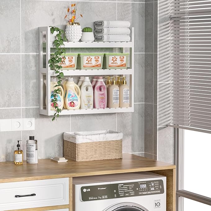 Domax Bathroom Shelves Over Toilet Storage - 3 Tier Wall Mounted Bamboo Bathroom Shelf Organizer Multifunctional Adjustable Layer Free Standing Utility Shelves for Bathroom Living Room Kitchen, White