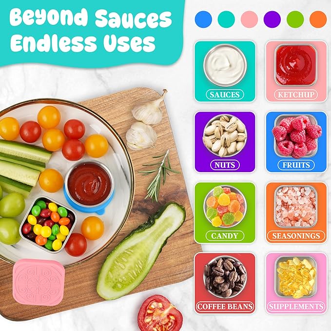 6PCS Salad Dressing Container to Go, Leakproof Reusable Stainless Steel small container with lid,Sauce Containers for Lunch box,Picnics,Travel,Office and Meal Prep-1.6+2.7 Sets