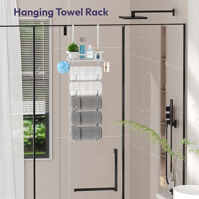 SWTYMIKI Over The Door Towel Rack - 6 Tier Towel Racks for Bathroom Wall Mounted, Towel Holder with Shelf, Hanging Rolled Towel Storage Organizer for Small Bathroom, Camper, RV, Sliver