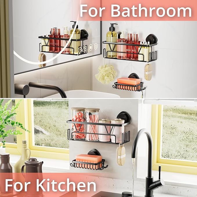 KEGII Suction Cup Shower Caddy, 2 Pack Shower Suction Shelf with Soap Holder & Hooks, No Drilling Bathroom Organizer, Stainless Steel Shampoo Holder for Bathroom Storage Basket, Black