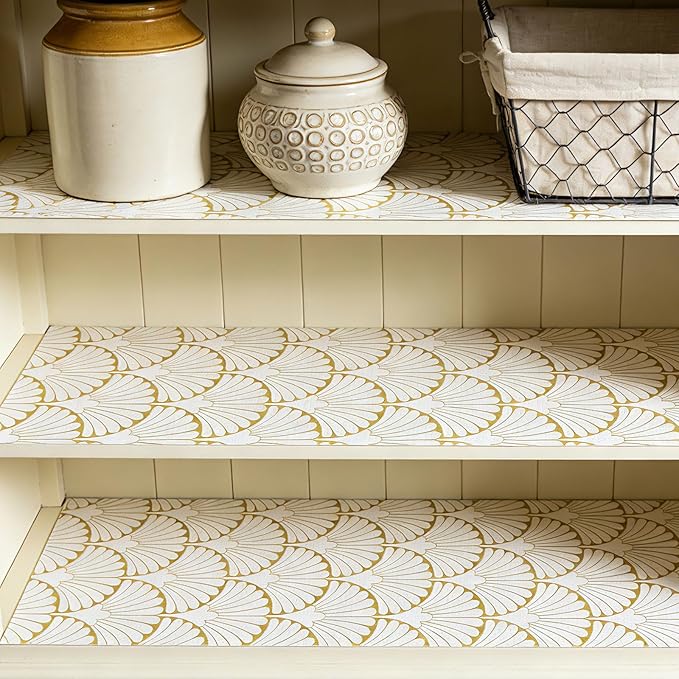 Shelf Liners Non Adhesive Gold Background White Fan-Shaped Pattern - Thickened Non-Slip Easy to Clean Drawer Liner for Kitchen Cabinets, Tool Box,Refrigerator,with Knife & Tape Measure,17in x 30FT.