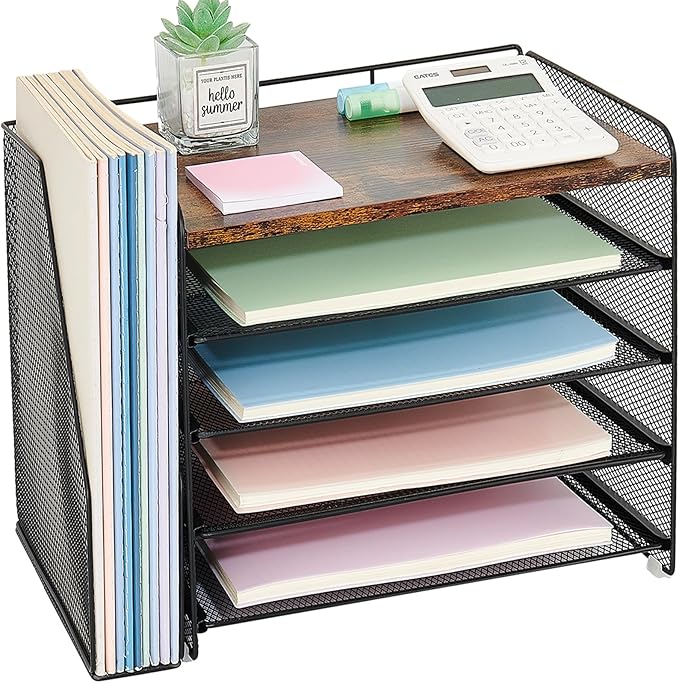 OPNICE 5-Tier Paper Organizer with Magazine Holder, Desk Organizers and Accessories, Office Desk Accessories & Workspace Organizers, Desktop File Organizer for Office Supplies Storage, Brown