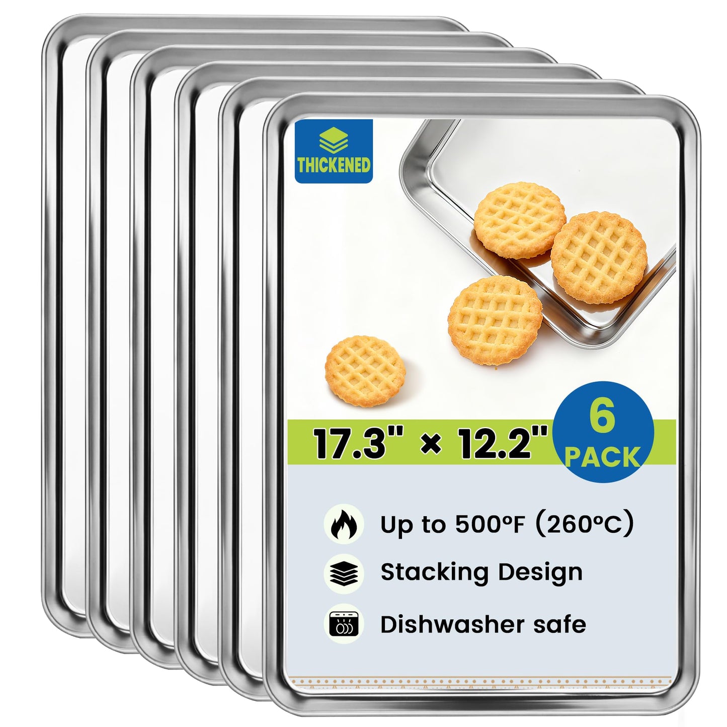 BIEAMA 6 Pack Stainless Steel Toaster Oven Baking Sheets, 16 x 12 in