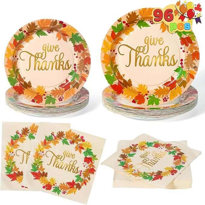 JOYIN 100 Pcs Thanksgiving Paper Plates and Napkins Disposable Dinnerware Set for 25 Guests, Give Thanks Theme Party Supplies, Happy Autumn Tableware Set