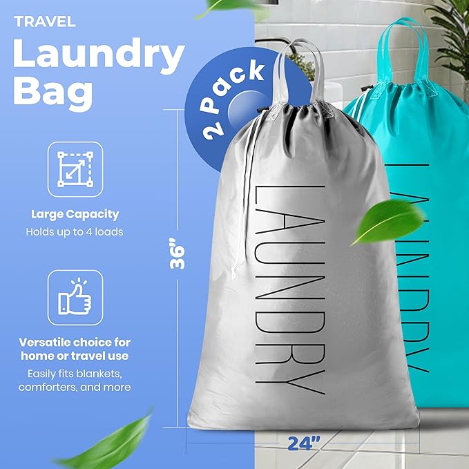 Extra Large Travel Laundry Bag - 2-Pack Fun Print Design Bags for Dirty Clothes - Durable Water-Resistant Fabric - Sturdy Drawstring Closure (Teal-Grey | Laundry)
