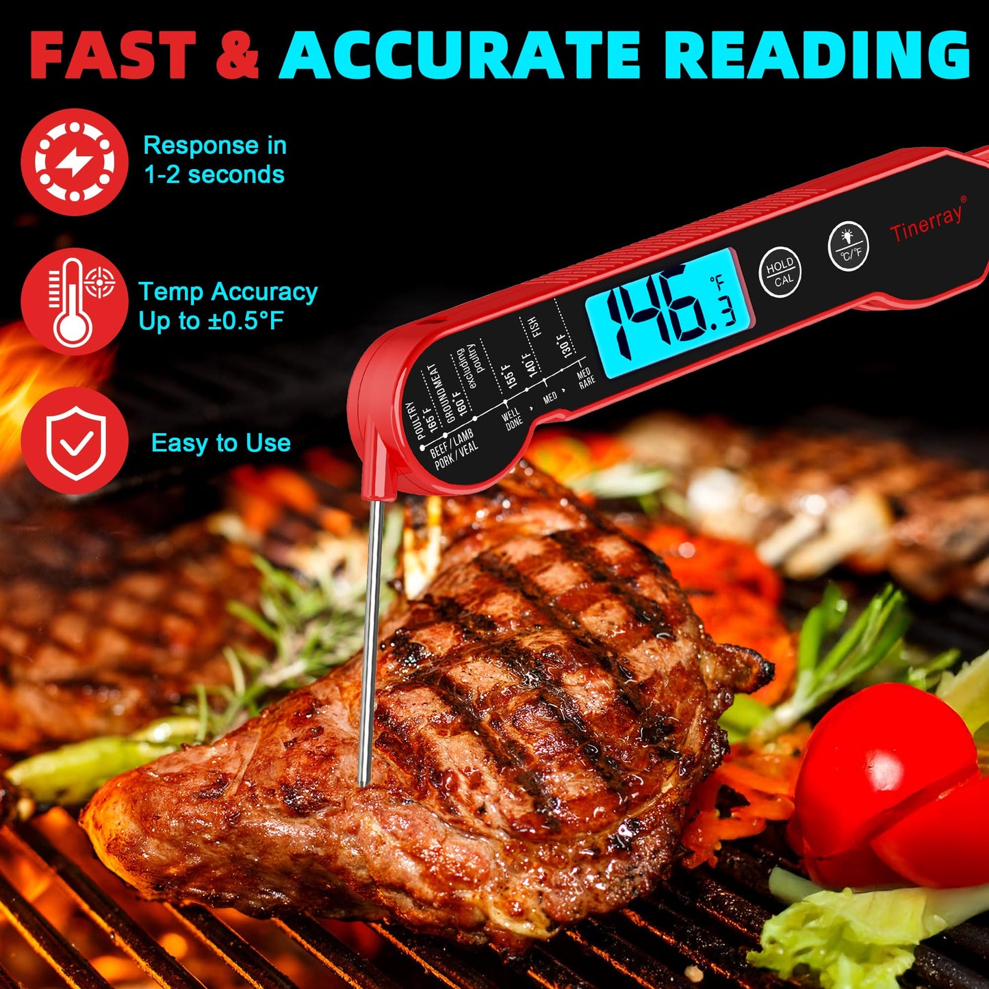 Professional Digital Meat Thermometer Instant Read Waterproof – Folding Probe Food Thermometer with Backlight & Calibration, Fast Read for BBQ, Grill, Deep Fry, Cooking, Liquids, Gift for Chef