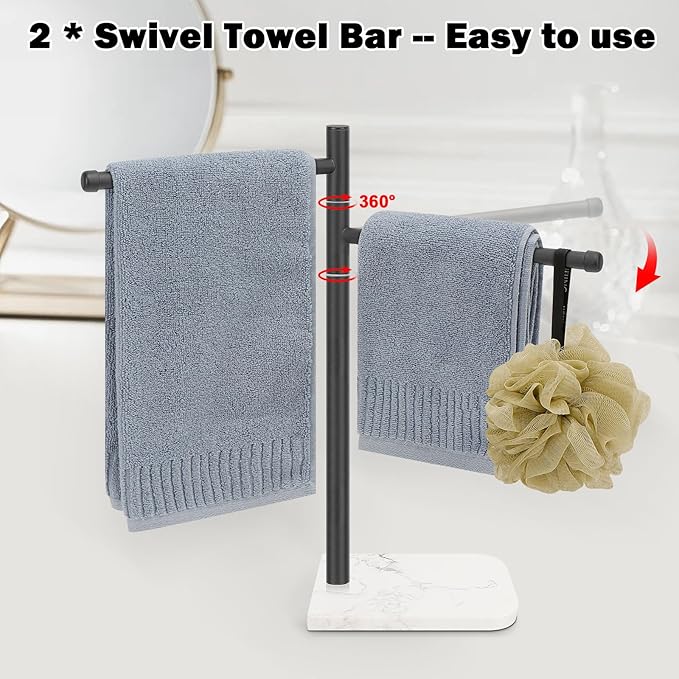 Standing Hand Towel Holder, Hand Towel Stand with Marble Base, 304 Stainless Steel Towel Rack with 2 Swivel Arm, Countertop Stand Towel Ring Towel Bar for Bathroom (Matte Black)