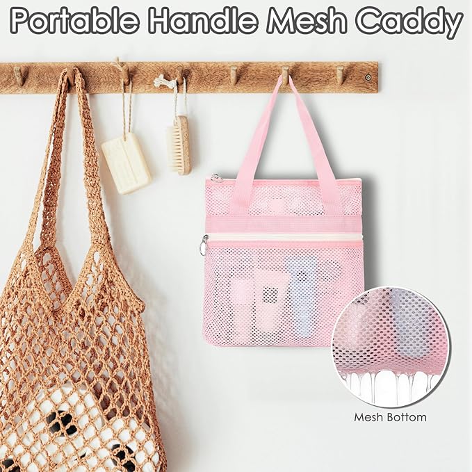 Mesh Shower Caddy Portable Shower Bag for Travel, Gym, Camping – Quick-Dry Hanging Toiletry Organizer with Zipper Pockets for Bathroom Essentials,Pink