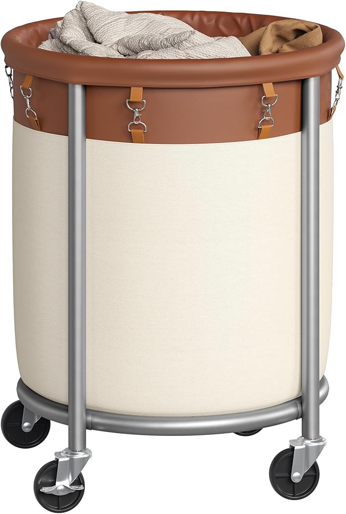 SONGMICS 29-Gallon (110 L) Laundry Basket with Wheels, Rolling Round Heavy-Duty Laundry Hamper Cart with Steel Frame and Removable Bag, 2 Locking Wheels, Coffee Brown and Cream White URLS002KQ02