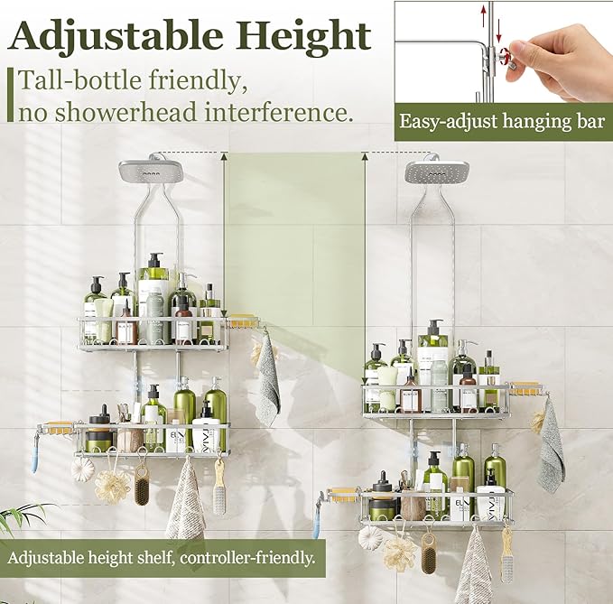 Shower Caddy Hanging: Adjustable Height, Rustproof Shelves with Hooks, 2 Soap Holders - Silver Shower Organizer Over Showerhead