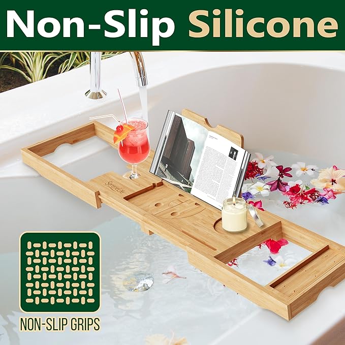 SereneLife Premium Bathtub Tray Caddy with Gift Box and Bow Set, Expandable Bath Tray, Unique House Warming Gifts for Mom, Women, Wedding, Anniversary, Bridal Shower, Fit for All Tub - Classic