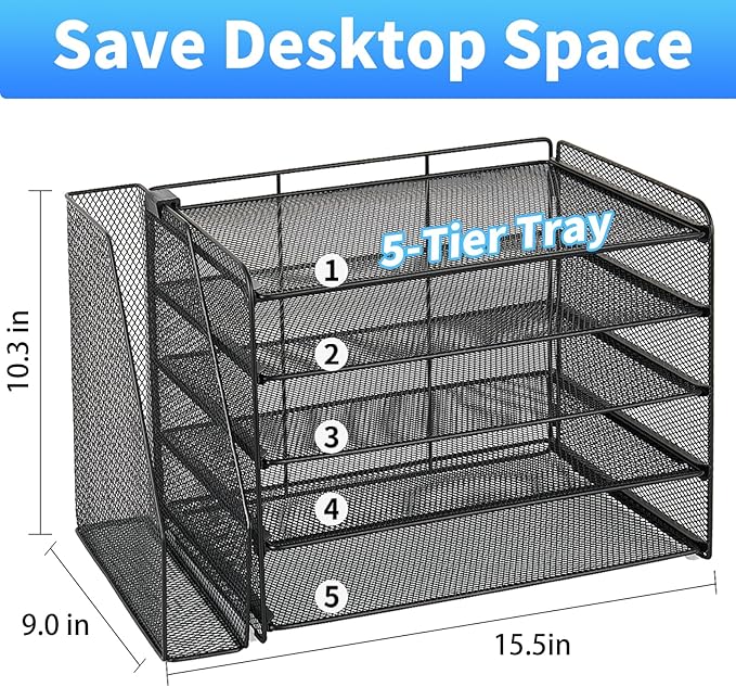 OPNICE Desk Organizer, 5-Tier Paper Organizer Letter Tray with Magazine Holder, Office Desk Accessories & Workspace Organizers, Desktop File Organizer for Office Supplies Storage, Black