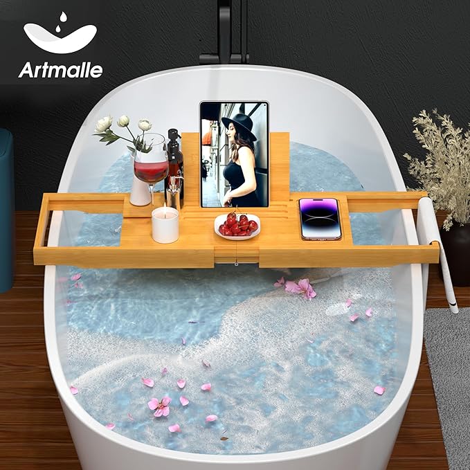 Artmalle Bathtub Caddy Tray for Tub, Expandable Bamboo Bath Table Tray with Book Stand for Home Spa Relaxing, Foldable Minimalist Bathroom Accessories for Women Men (Simple, Natural) (Natural)