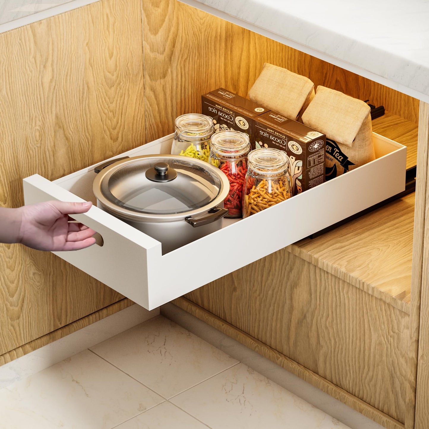 HBL' 2 Pack | 21" Deep Pull Out Cabinet Organizer Adhesive, (13.8" to 22.0") Width Expandable Sturdy Carbon Steel Roll-Out Drawers, Designed for Frameless Cabinets, Slide-Out Shelves for Pantry.