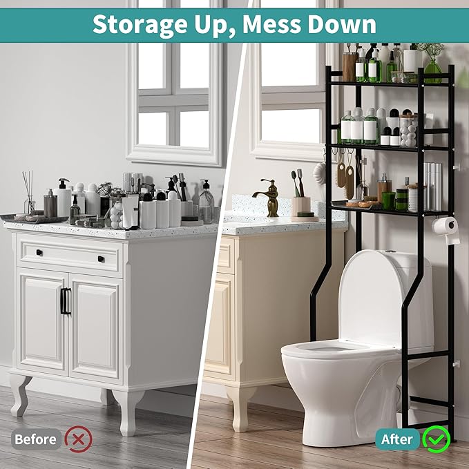 3-Tier Over The Toilet Storage with Paper Holder, Metal Bathroom Organizers and Storage for Small Space, Freestanding Bathroom Shelves with 4 Hooks, Above The Toilet Storage Shelf (Black)
