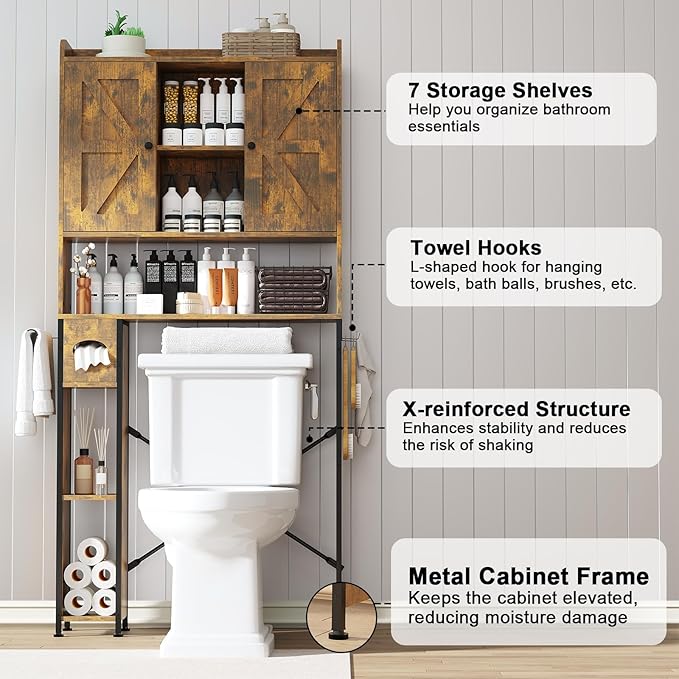 EasyCom Over The Toilet Storage Cabinet with Metal Frame and 7 Storage Shelves, Bathroom Organizer with Adjustable Shelves and Paper Holder, Farmhouse Storage Cabinet for Bathroom,Laundry,Rustic Brown