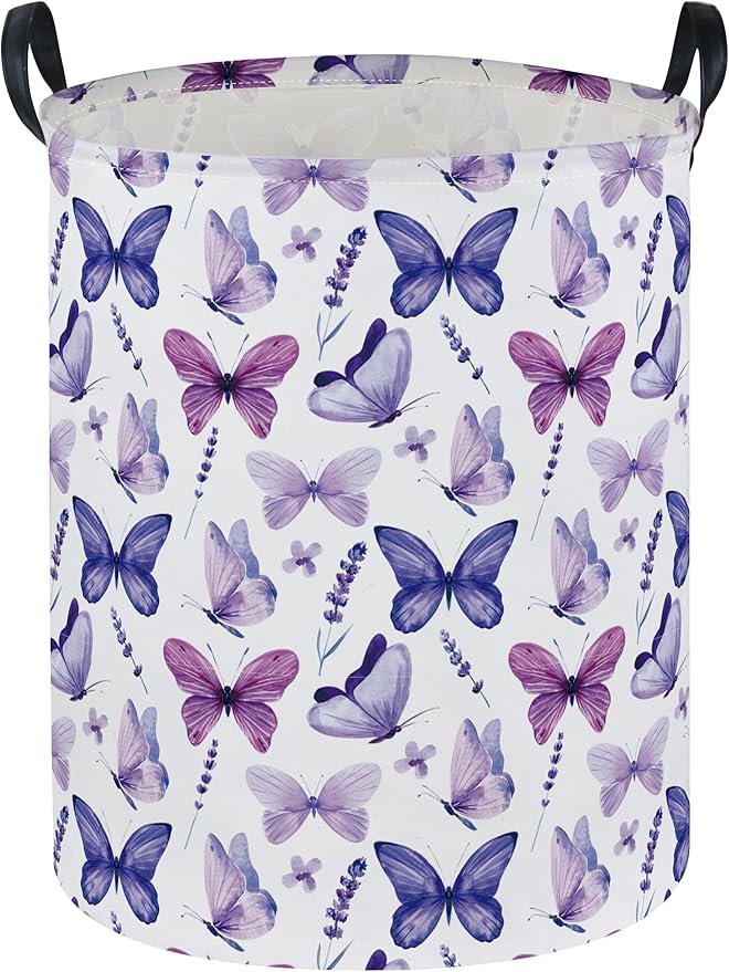 Butterfly Laundry Basket Kids Hamper for Nursery Boy and Girl Hamper Cute Kids Toys Storage Bin Organizer Room Decor for Home(Purple Butterfly)