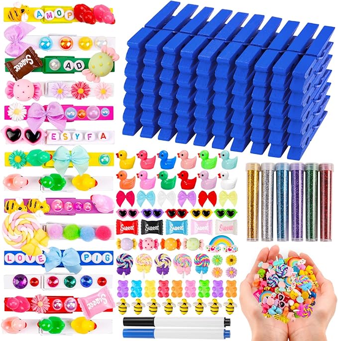 80 Set Cheer Pins Spirit Clips Clothes Wooden Pins for Backpacks Include 90 Mini Resin Animals 30 Mini Bows 500 Beads Cheer Clothespins Decorations Ribbon Team Classroom Cheer Gifts Bulk（Blue）