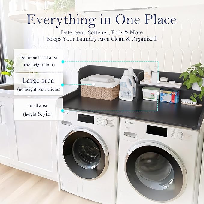 DTK Washer Dryer Wood Countertop with Shelf, Laundry Topper with Non-Slip Mat,27.55" Depth x 54" Width Dryer Covers for The Top with Edge Rails, Black
