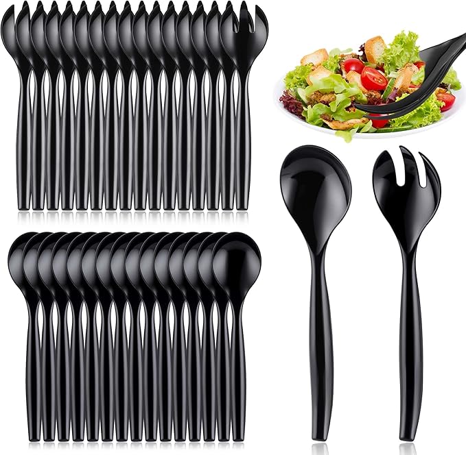 Mwellewm 48 Pcs Serving Spoons 10'' Large Plastic Serving Utensils Set Slotted Disposable Serving Forks Heavy Duty Black Party Supplies for Buffet Restaurant Dinner Salad Noodles Soup