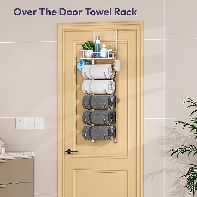 SWTYMIKI Over The Door Towel Rack - 6 Tier Towel Racks for Bathroom Wall Mounted, Towel Holder with Shelf, Hanging Rolled Towel Storage Organizer for Small Bathroom, Camper, RV, Sliver