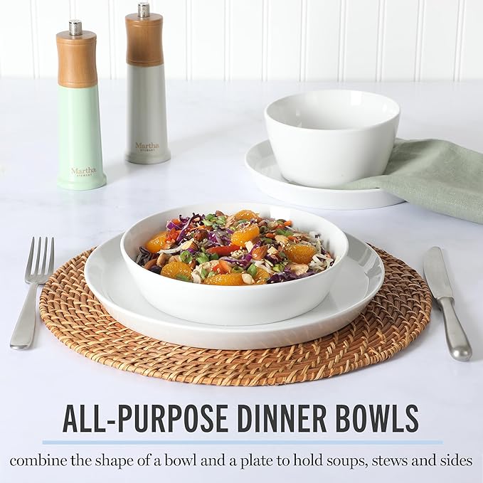 Martha Stewart Selma Chip & Scratch Resistant Dinnerware Set Service for 4 (16pcs) – White Plates and Bowls, Durable Dishwasher and Microwave Safe Dishes Set for Everyday Use
