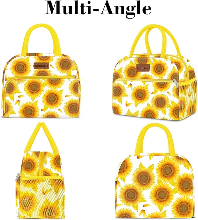Coobiiya Lunch Bag Women, Lunch Box for Women Adult Men, Small Leakproof Cute Lunch Tote Large Capacity Reusable Insulated Cooler Lunch Container for Work/Office/Picnic/Travel-Sun Flower