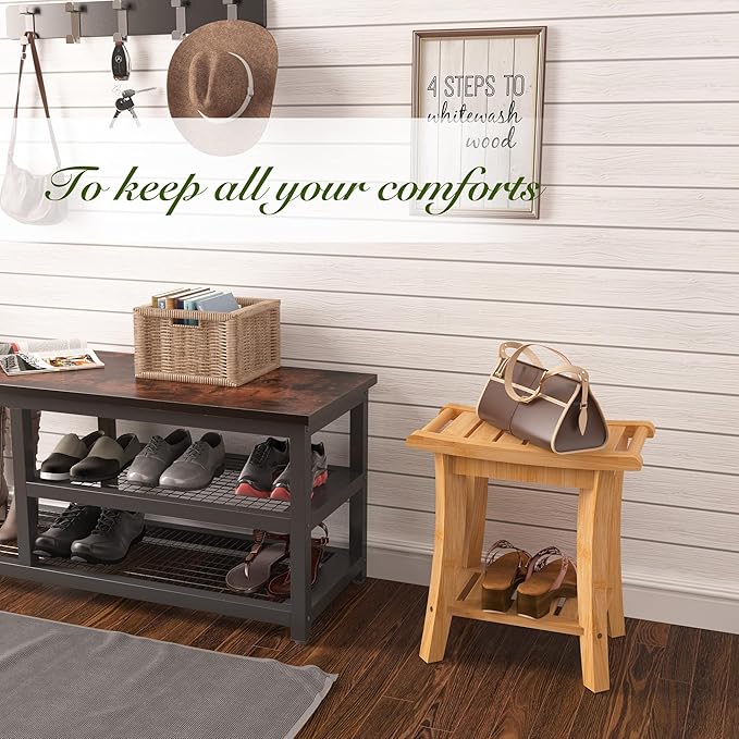 Bamboo Shower Bench Inside Shower Stool with Storage Shelf, Spa Bath Chair for Bathroom, Seat or Organizer for Living Room, Bedroom and Garden - Great for All Ages Elderly (Small, Natural)