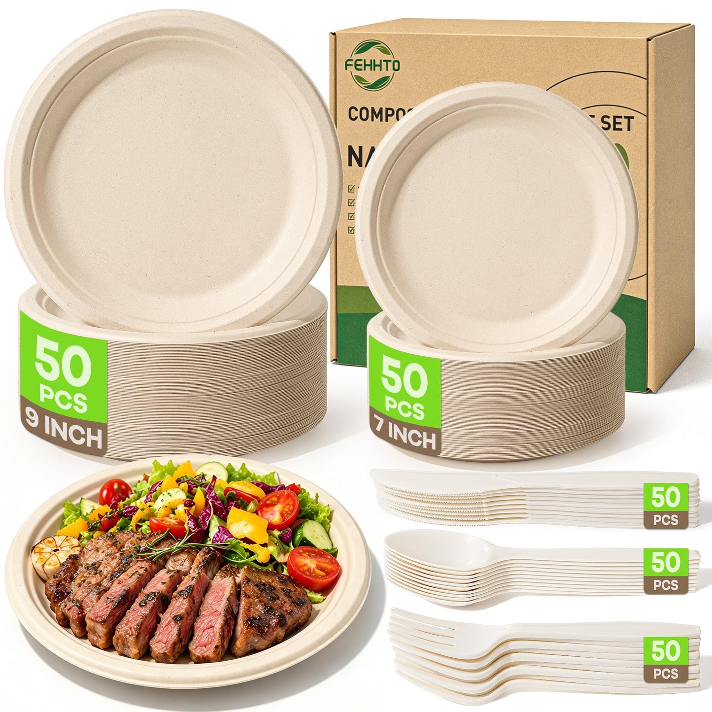 Compostable Paper Plates Set, 250PCS Disposable Heavy-Duty Sugarcane Plate