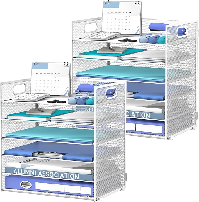 Daltack 6 Tier Paper Organizer for Desk, Paper Letter Tray Organizer for Desks, Mesh Desk File Organizers with Handle for Office, Home, School, White, 2 Pack