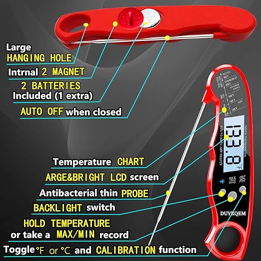 DUYKQEM Instant Read Digital Meat Thermometer (2 Pack) Waterproof Kitchen Cooking Food Thermometer with Probe Backlight & Calibration,Best Quick Grill Meat Probe for Grilling BBQ Smoker Chefs