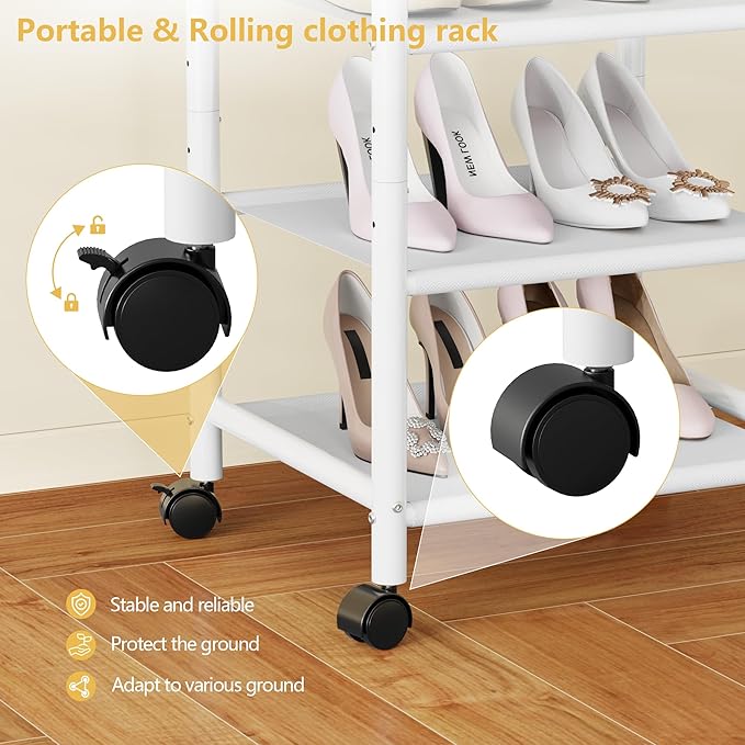 Furologee Portable Clothes Rack for Hanging Clothes, Rolling Clothing Rack With 3-Tier Shelves, Small Garment Rack with Wheels for Bedroom Living Room Laundry Room, White
