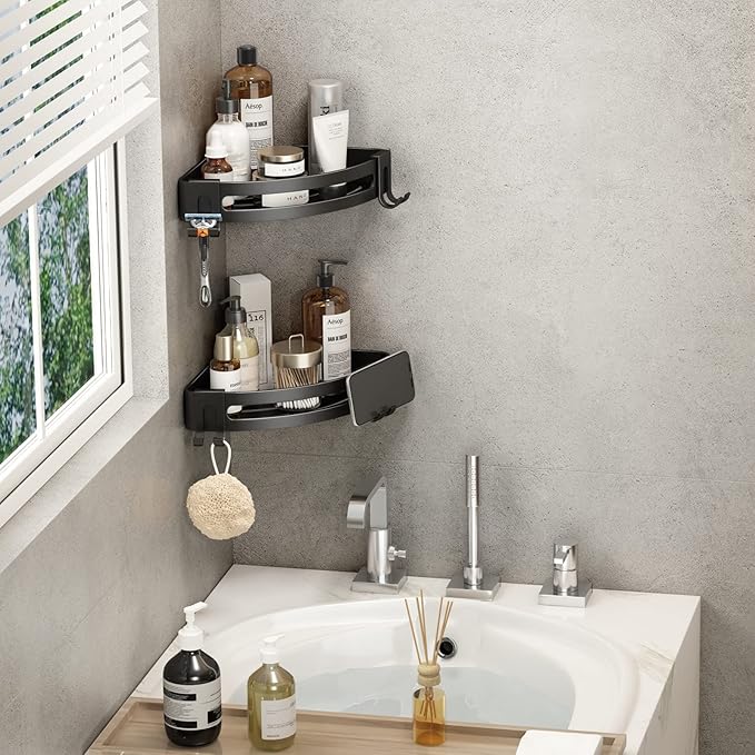 VOLPONE Corner Shower Caddy with Razor Holder Adhesive Shower Shelf Corner No Drilling (adhesive mounting, no suction cup) Bathroom Shower Organizer Storage Rack (2-Pack, Black)
