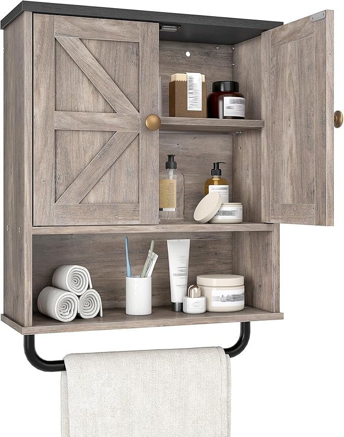 Bathroom Wall Cabinet, Medicine Cabinet with Open Partition and Towel Bar, Rustic Storage Cabinet with Open and Hidden Storage Space, for Bathroom, Living Room, Greige and Charcoal Black