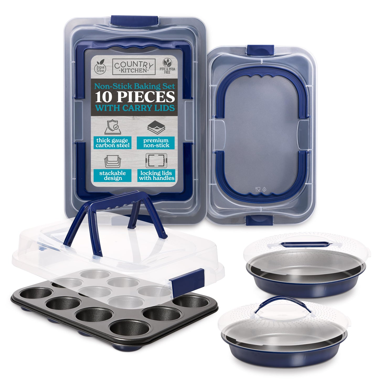 Country Kitchen Baking Pans Set - 10 Piece Non-Stick Cake Pans with Carry Lids for Easy Storage & Travel, Perfect for Parties - Stackable, Pink