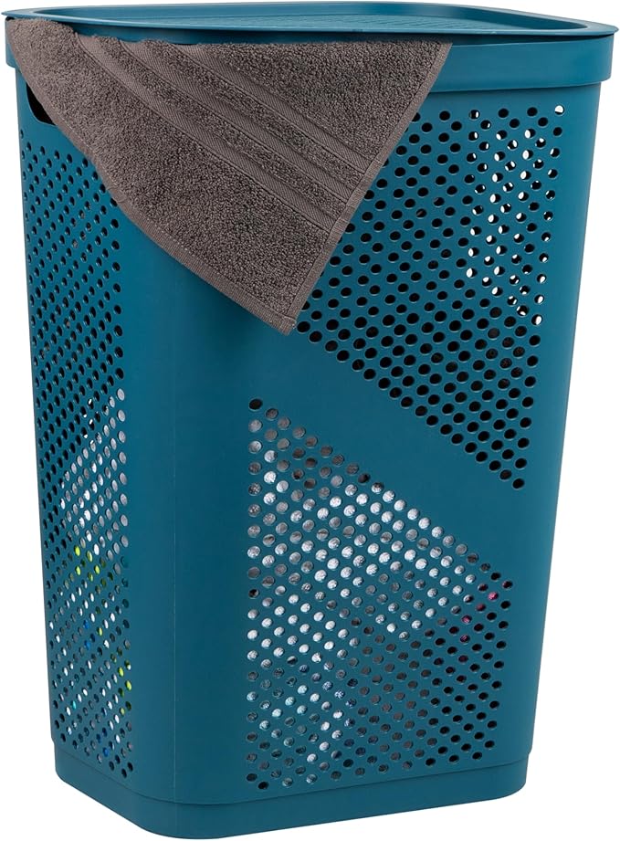 Mind Reader Slim Laundry Hamper with Lid, 60L Clothes Basket, Ventilated Plastic, Blue