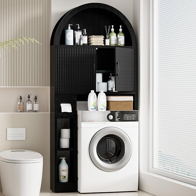 Spurgehom Over The Toilet Storage Cabinet, Bathroom Shelf Organizer Freestanding, Bathroom Arch Cabinet Over Toilet with Toilet Paper Holder and Anti-Tipping Device, Black