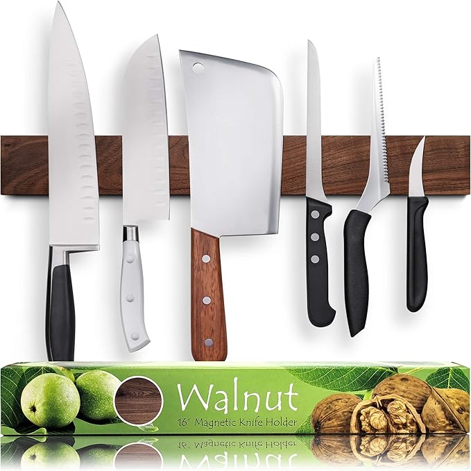 Premium 10 Inch (Small Size) Dark Walnut Wood Magnetic Knife Holder – Professional Wooden Magnetic Knife Strip - Space-Saving Knife Rack/Knife Bar With Powerful Magnetic Pull Force (Upgraded Version)