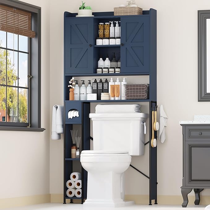 EasyCom Over The Toilet Storage Cabinet with Metal Frame and 7 Storage Shelves, Bathroom Organizer with Adjustable Shelves and Paper Holder, Farmhouse Storage Cabinet for Bathroom, Laundry, Dark Blue