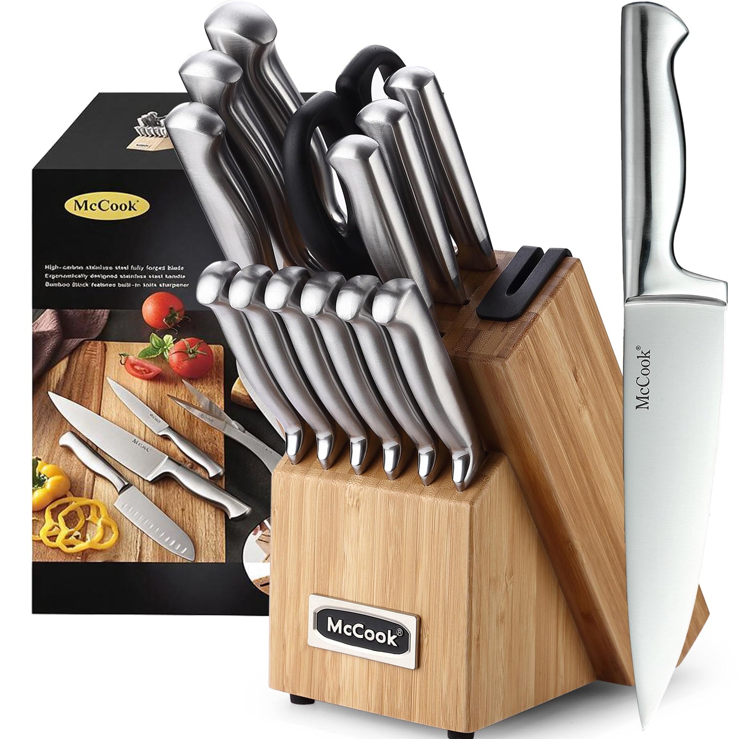 McCook® Kitchen Knife Sets, Golden Titanium Stainless Steel Knives Block Set with Built-in Sharpener, 20 Piece Knives, Restaurant Grade Sharp, Elegant Gold & Stylish Wooden Block for Modern Culinary