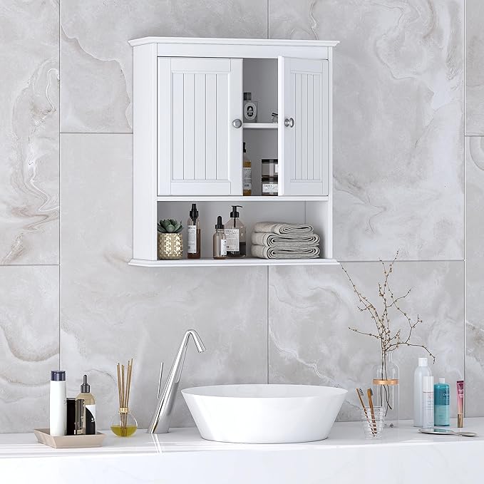 Spirich Bathroom Cabinet Wall Mounted with Doors, Wood Hanging Cabinet with Doors and Shelves Over The Toilet, Bathroom Wall Cabinet White | Wall Mounted, with Doors, Hanging Cabinet, Over The Toilet