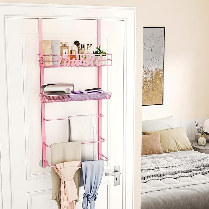 SWTYMIKI SWTYMIKI Over The Door Towel Racks for Bathroom - 5-Tier Wall Mounted Bathroom Towel Storage Organizer Holder with Metal Shelf, Pink