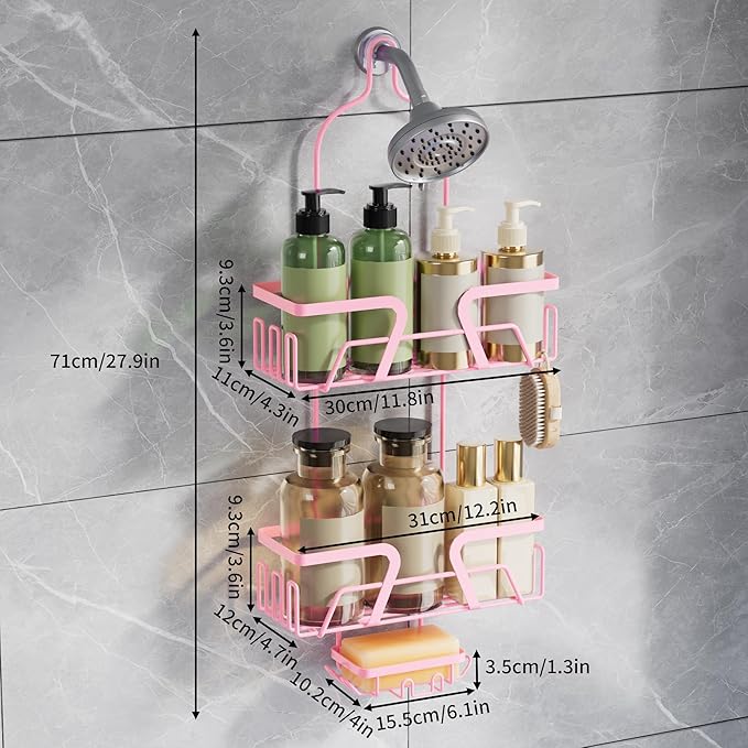 Shower Caddy Hanging, Pink Over the Shower Head Caddy with Soap Holder, Bathroom Organizer with Hooks for Razors and Bath Sponges