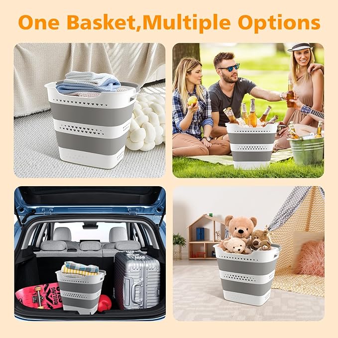 2 Pcs 42L Medium Collapsible Plastic Laundry Basket with Handles, Foldable Laundry Basket Hamper, Pop Up Storage Container Organizer for Washing Storage (Gery, 17 Inch * 13 Inch * 15 Inch)