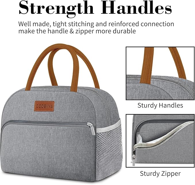 Coobiiya Lunch Bag Lunch Box for Women Men,Small Leakproof Cute Lunch Tote Large Capacity Reusable Insulated Cooler Lunch Container for Work/Office/Picnic/Beach，Grey