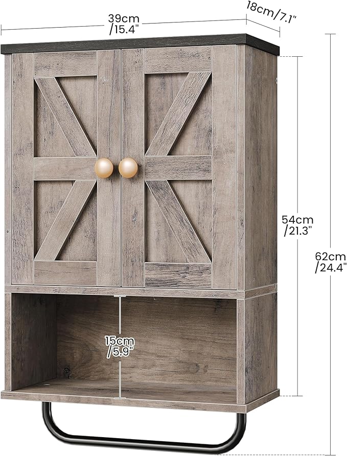 Bathroom Wall Cabinet, Medicine Cabinet with Open Partition and Towel Bar, Rustic Storage Cabinet with Open and Hidden Storage Space, for Bathroom, Living Room, Greige and Charcoal Black