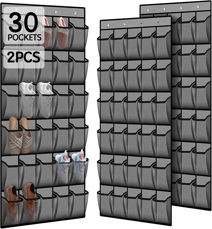 Over the Door Shoe Organizer with 30 Breathable Mesh Pockets - Large Capacity Closet Storage for Men & Women, Hanging Shoe Rack Organizer (2PC-Gray)